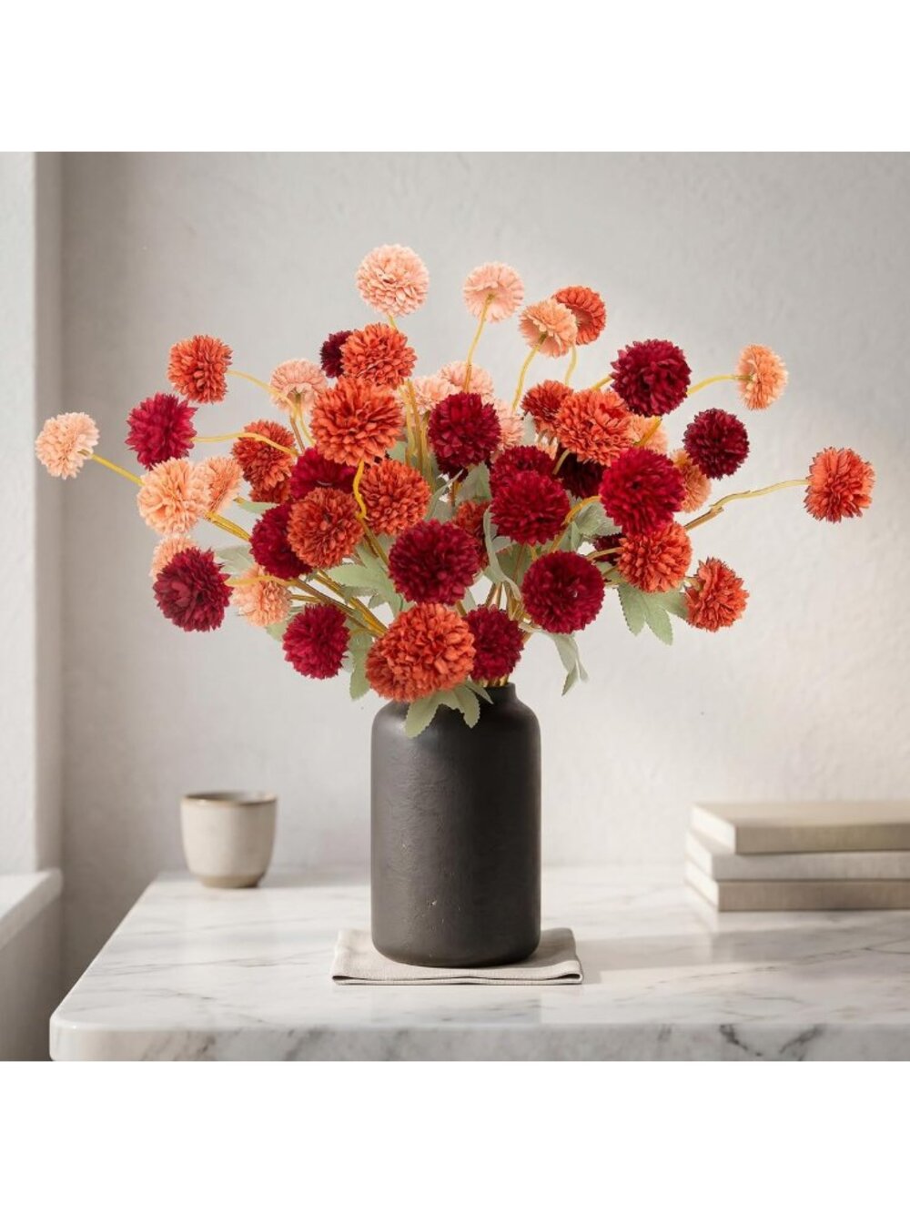 12 Pcs Faux Chrysanthemum Flowers - Orange & Burgundy Fall Decor for Home